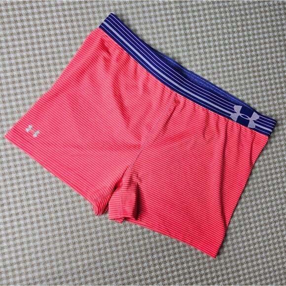 Under Armour UPF 30+ Heat Gear Pink Striped Elastic Waistband Compression Shorts - Picture 5 of 9